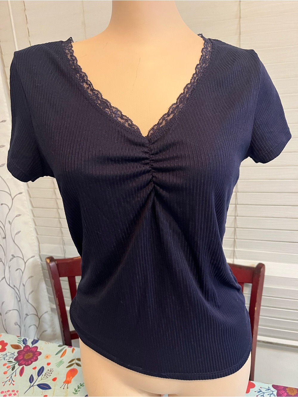 Women's Navy Lace-Trim V-Neck Short Sleeve Tee
